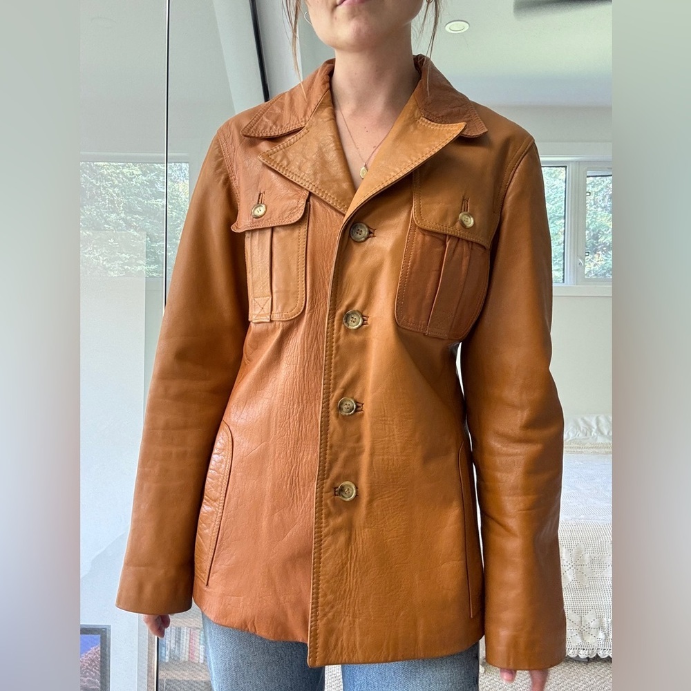 Vintage 100% leather cognac tan long line jacket small to medium euro 38 - Picture 5 of 17